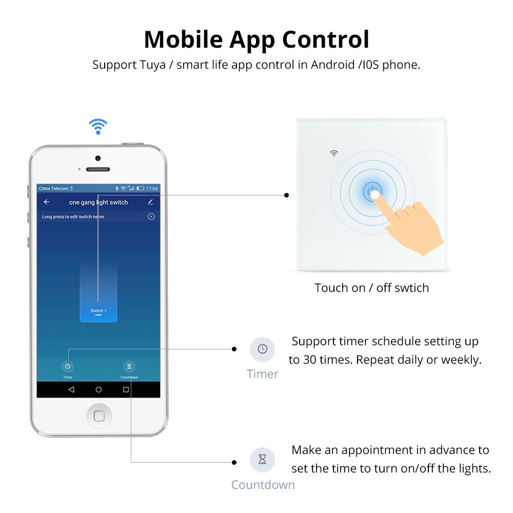 Zemismart WiFi Light Switch One Gang No Neutral Wire Required 220v to 240v works with Tuya Alexa Google Home Control