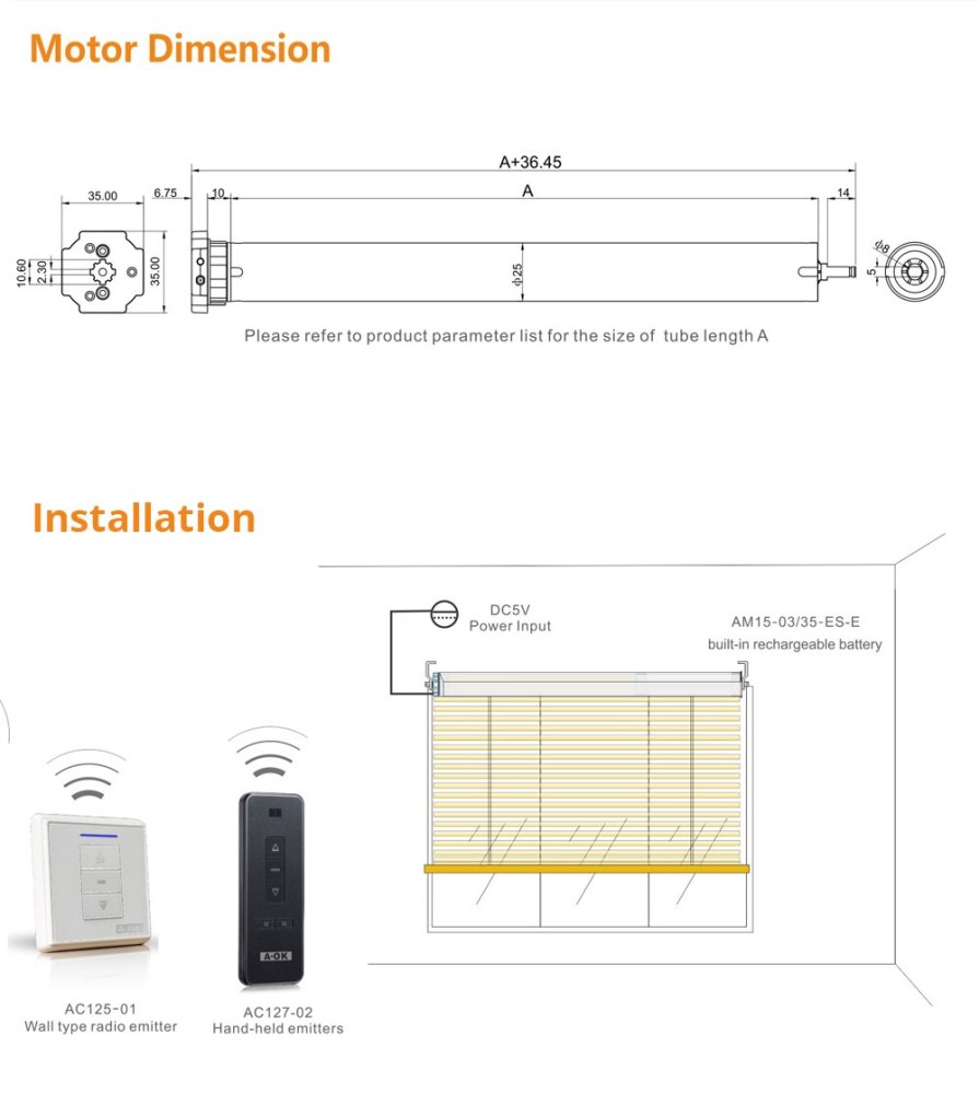 Rechargable Roller Blind Motor with Solar Panel for 38mm Tube Motorized Electric Roller Blind Shade RF Remote Control