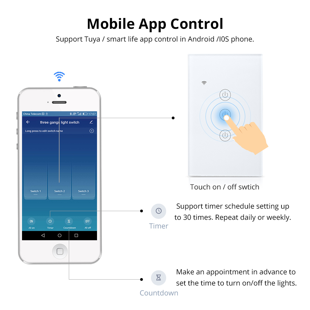 Zemismart US WiFi Light Switch Neutral Optional Wire Required One Two Three Gang  works with Tuya Alexa Google Home Assistant Smart Life Control