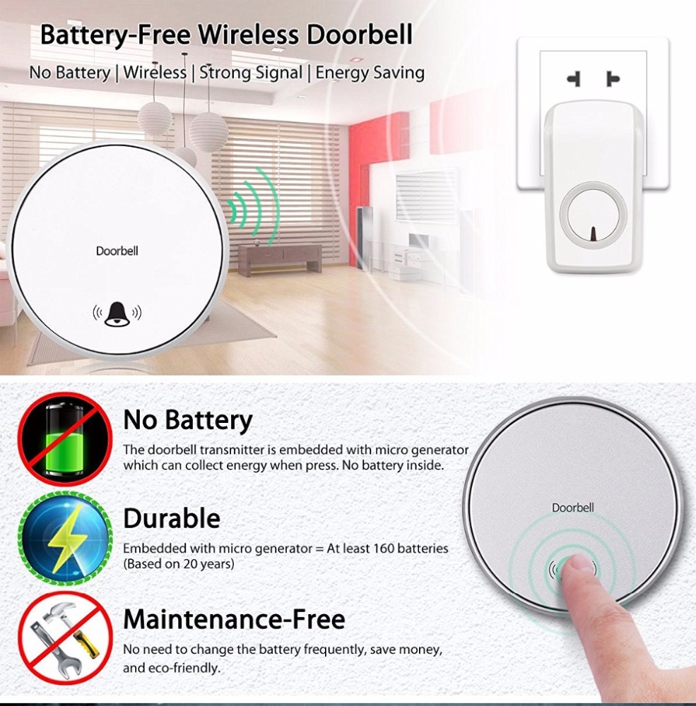 UK Battery-Free Self-Powered Wireless Remote Control Doorbell with Over 48 Chimes, No Batteries Required for Transmitter
