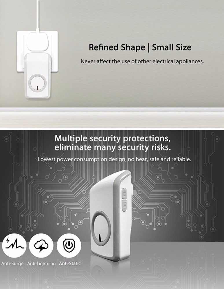 UK Battery-Free Self-Powered Wireless Remote Control Doorbell with Over 48 Chimes, No Batteries Required for Transmitter