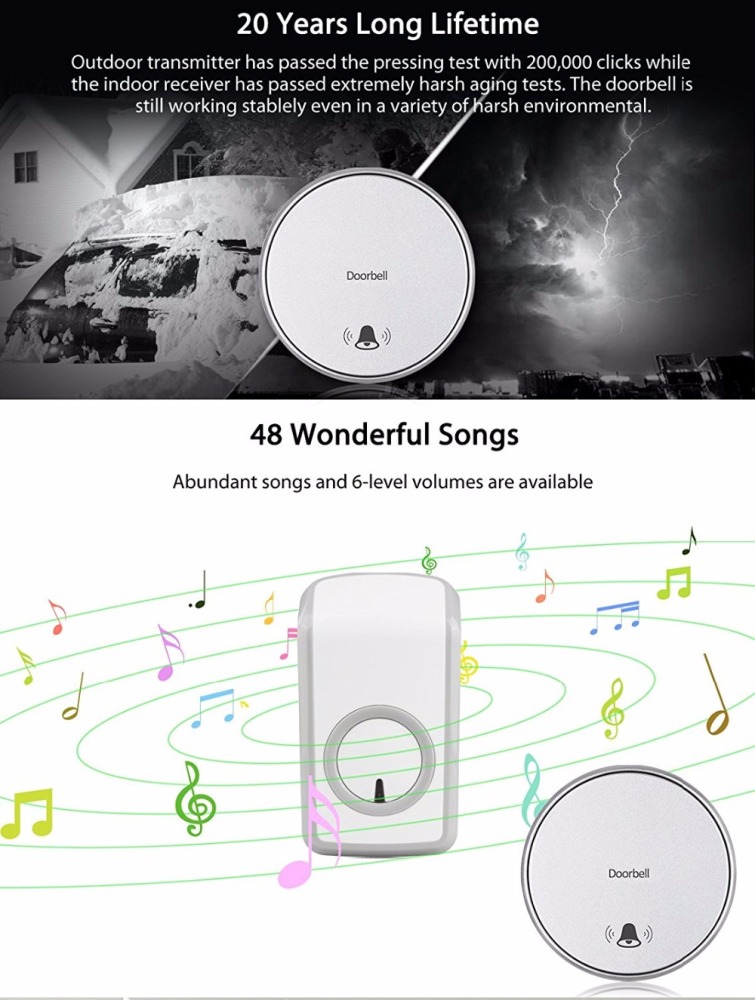 UK Battery-Free Self-Powered Wireless Remote Control Doorbell with Over 48 Chimes, No Batteries Required for Transmitter