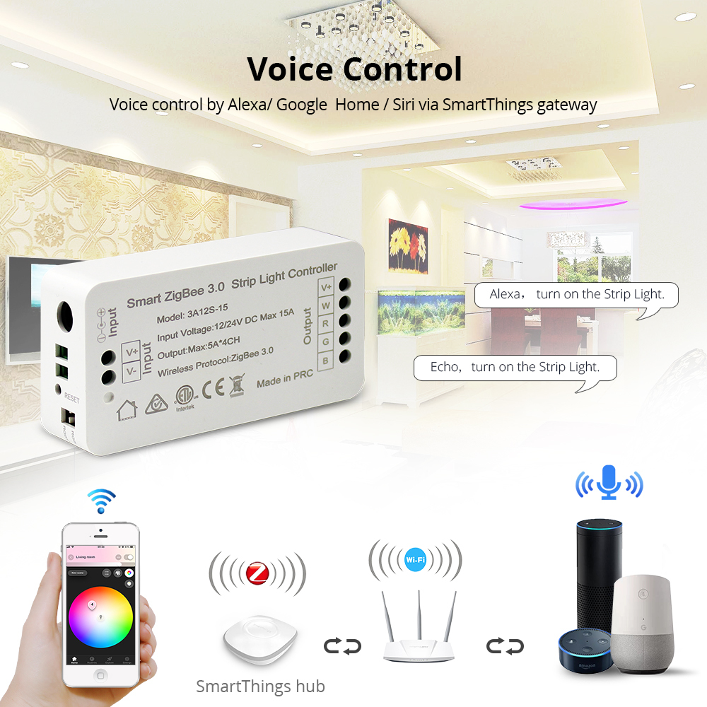 Zigbee 3.0 Smart Strip Light Driver RGB RGBW LED Strip Controller DC12V 24V APP Control Compatible with echo Smartthings