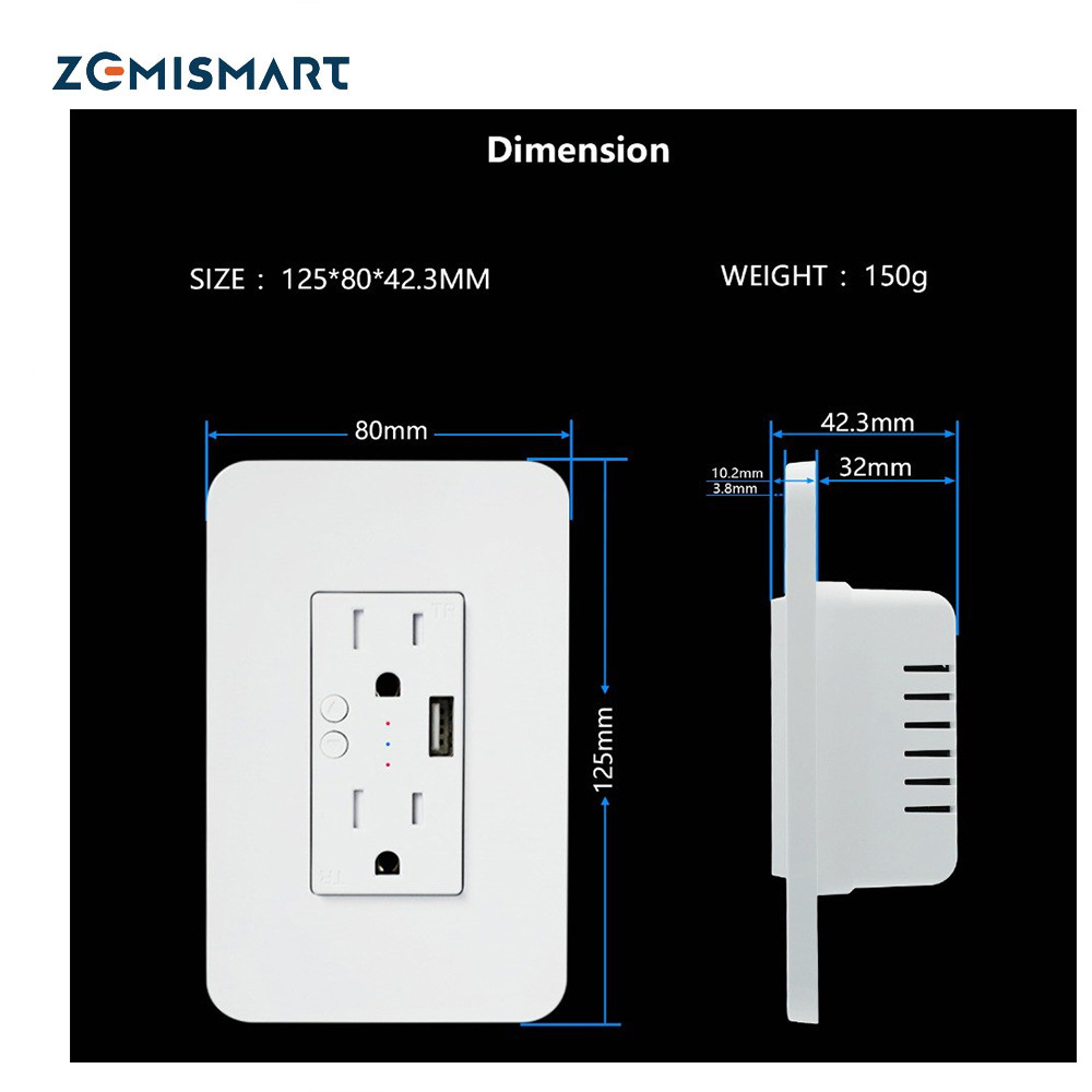 Zemismart US Wall Outlet 15A With USB Port Smart Life WiFi Control works with Tuya Alexa Google Home Voice Control