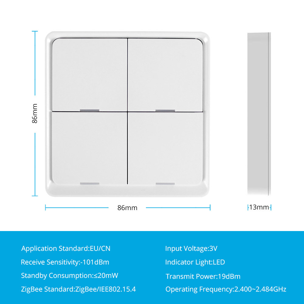 Zemismart 4 Gang Tuya Zigbee Wireless Switch Zigbee 3.0 Sticker Battery Power Remote Control