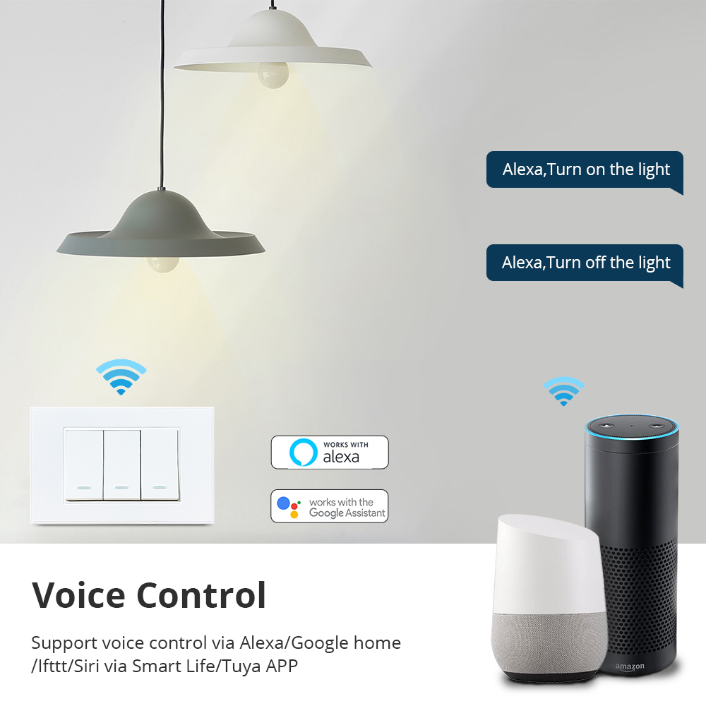 Zemismart Tuya WiFi  Neutral Optional Wall Light Switch US 1 2 3 Gangs Compatible with Smart Life App Alexa Google Home Voice Control