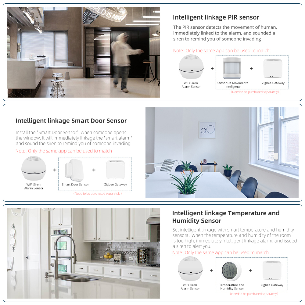 Zemismart WiFi Siren Alarm Sensor Home Security Alert Burglar Detector Smart Linkage PIR Sensor works with Tuya Smart Life Remote Control