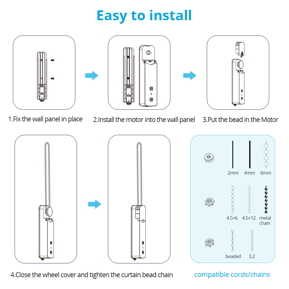 Zemismart Rf Roller Shade Driver with Bean or Cord Chain Roller Blinds Broadlink Built-in Battery Remote Control