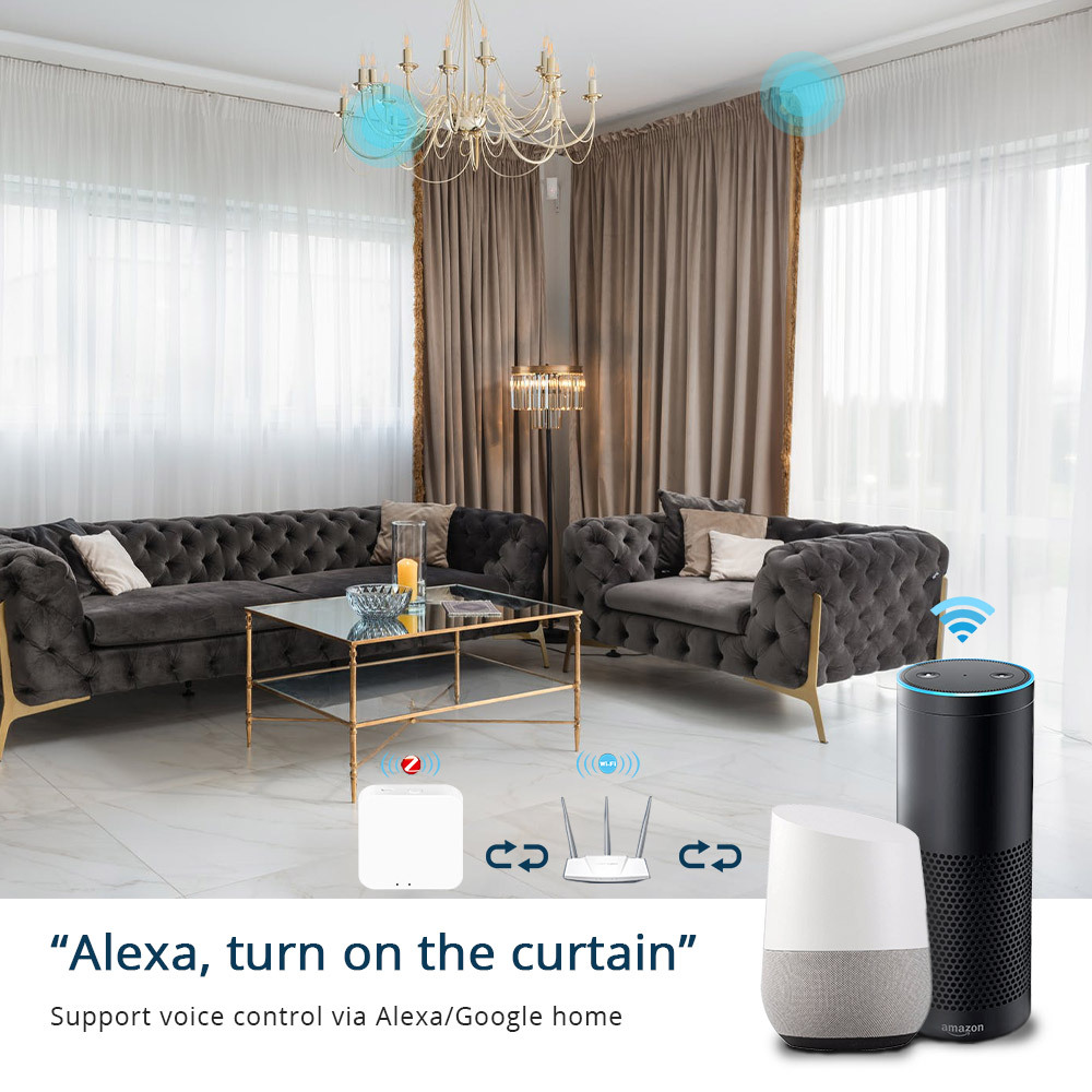 Zemismart Zigbee Smart Curtain Motor with Battery Customized Slide Curtain Track Remote Timer works with Tuya Alexa Google Home Voice
