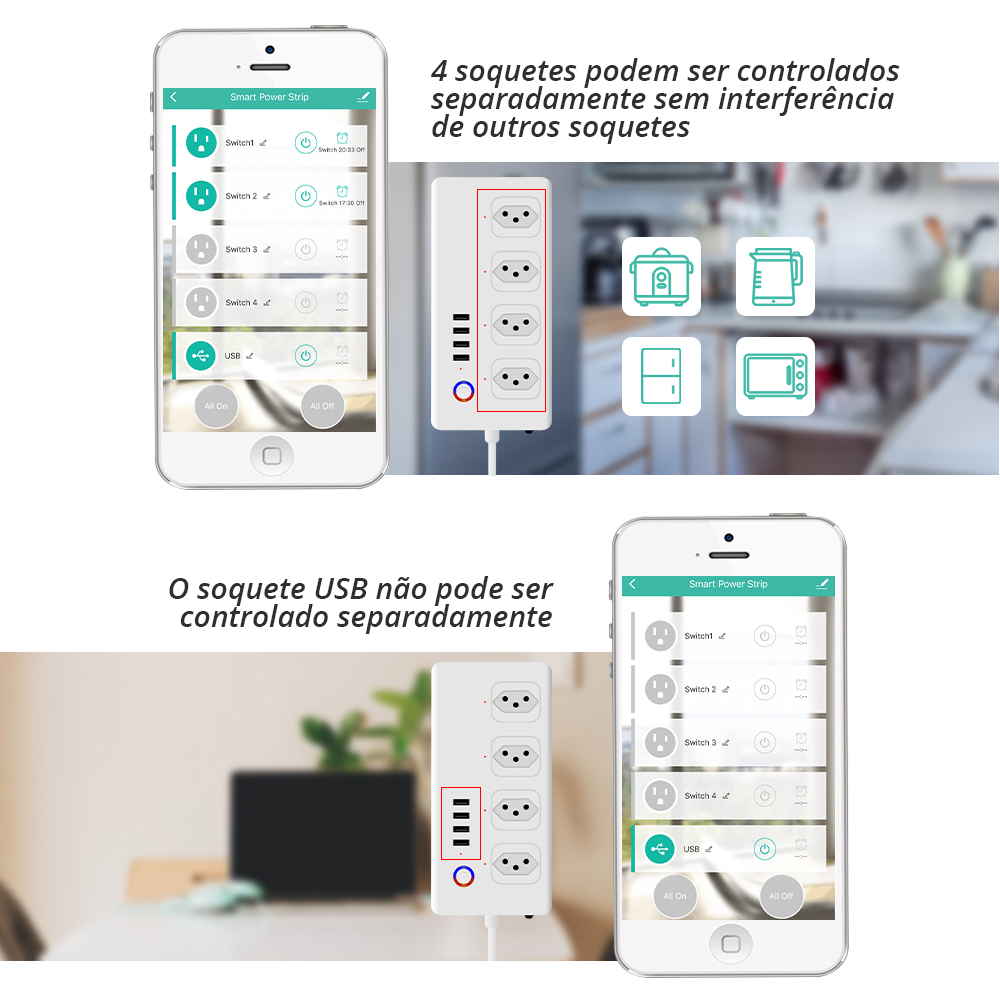 Zemismart Wifi Line Filter 4 Individuals Circuit Beakers 10a Smart Power Plug Sockets Plug 4 2.1a Usb Charger Socket works with Tuya