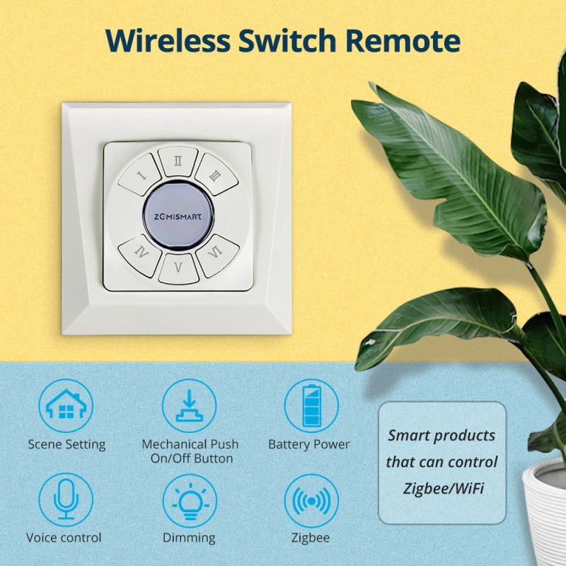 Zemismart Tuya Zigbee 6 Gang Tuya Zigbee Wireless Switch Zigbee 3.0 Sticker Battery Power Remote Control