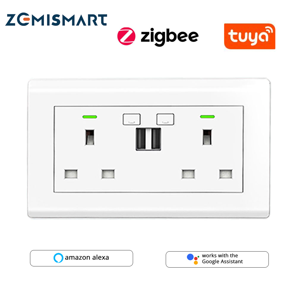 Zemismart Tuya Zigbee Smart Socket with 2 USB Charger UK Work with Alexa Google Home IFTTT Voice Control Smart Wall Socket
