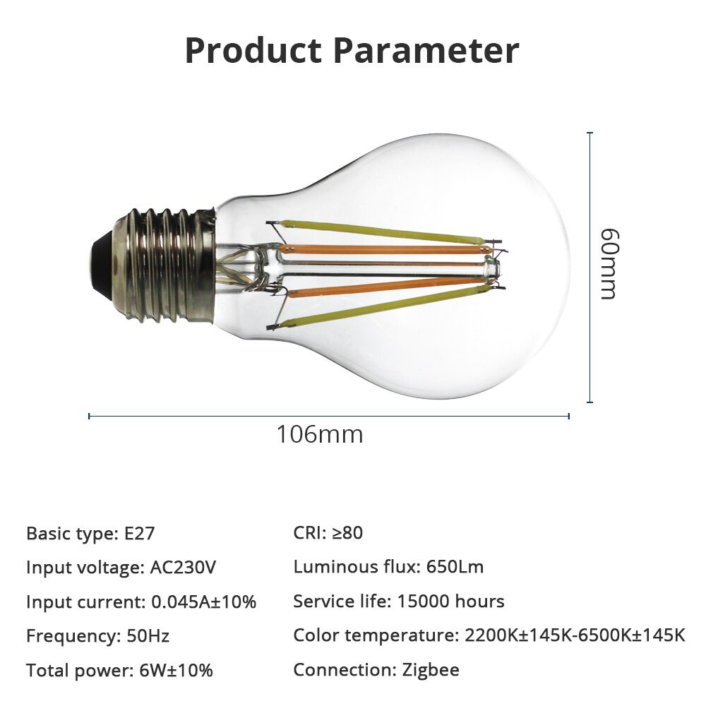 Zemismart Zigbee A60 Dual Color Led Filament Bulb E27 Tuya Smart Tungsten Lamp 220V Retro Incandescent Bulb Alexa Smartthings