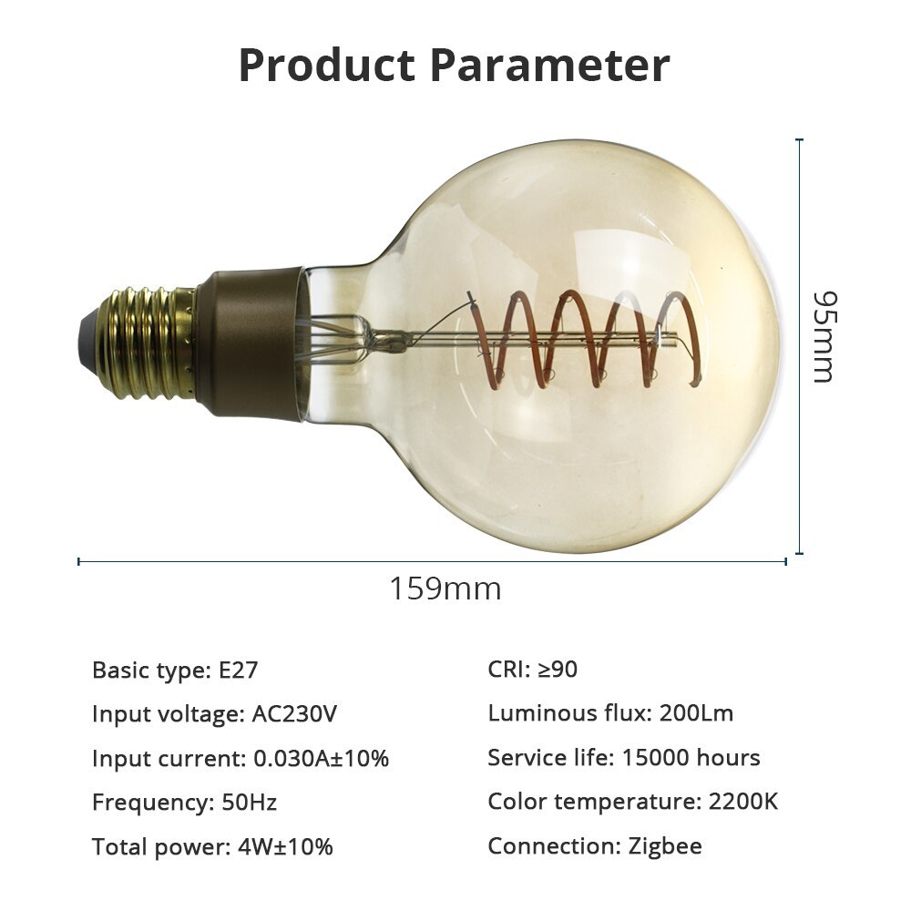 Zemismart Tuya Zigbee LED Filament Bulb E27 Vintage Edison Lamp G95 Spiral Tungsten Lamp 220V Alexa Google Home Smartthings App