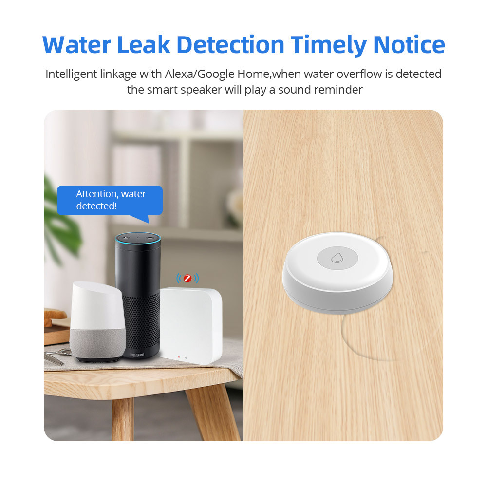 Zemismart Zigbee Water Leak Detector Smart Home Overflow Security Alarm Flood Leakage Sensor Work with Tuya HomeKit via ZMHK-01