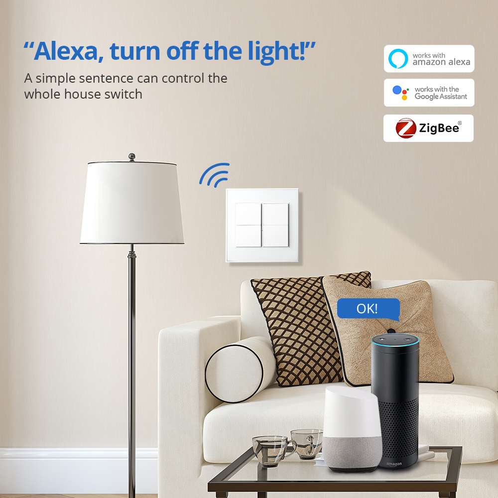 Zemismart Zigbee 4 Gangs Smart Wall Light Switch Neutral Required Push Button Interrupter works with Tuya Alexa Google Home Voice Control Pre-sale