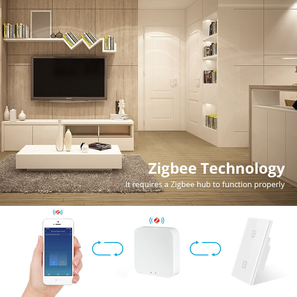 Zigbee 2 Gangs Wall Light Switch Work With Amazon Alexa Google Home via SmartThings Bridge APP Phone Voice Control