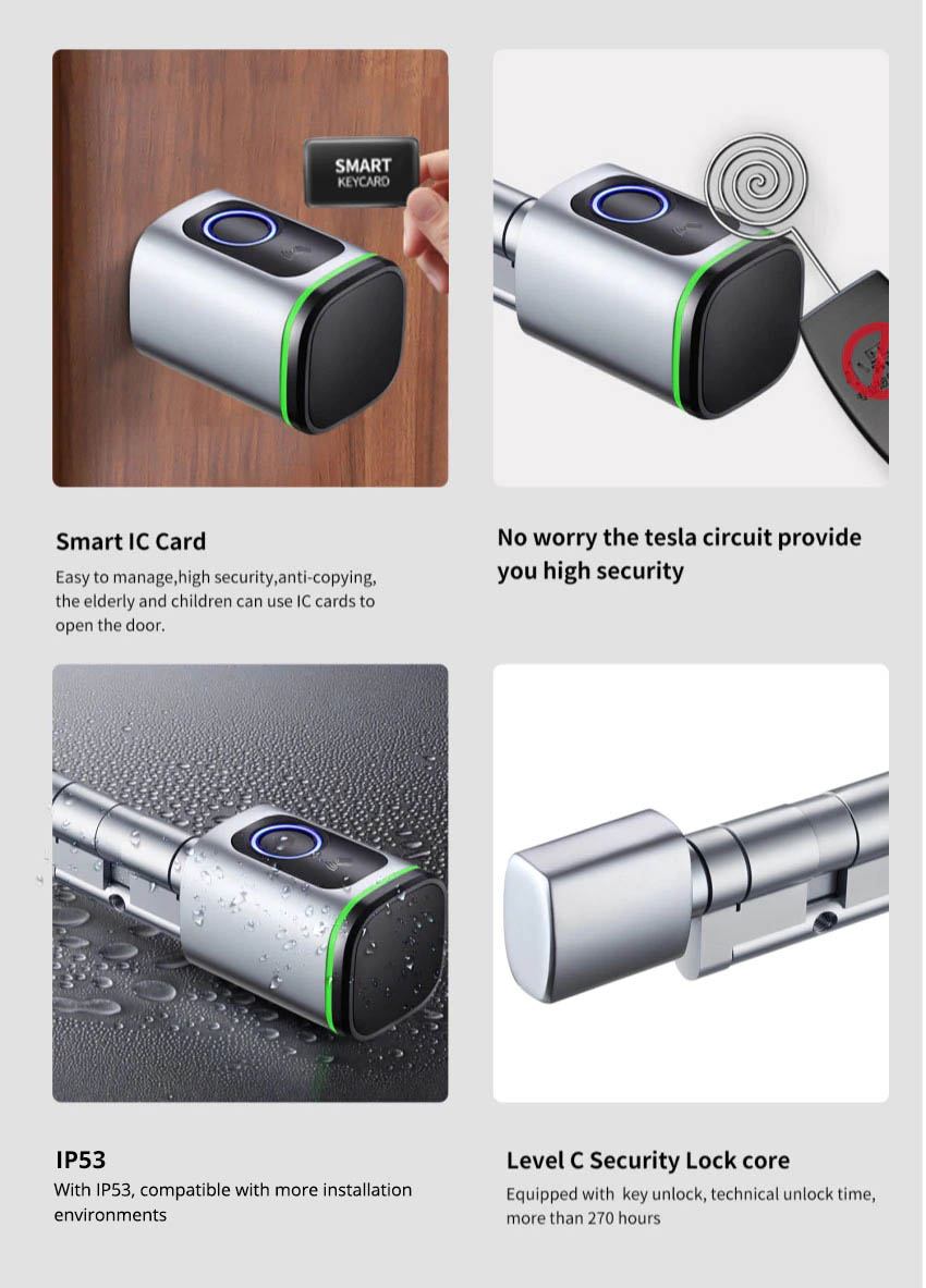 TUYA BLE Smart Home Deurslot DIY Cilinderkern Vingerafdruk APP Sleutel IC-kaart Ontgrendel Elektronisch Smart Lock Digitaal Keyless Vervangen (Color : Black with, Size : 35 to 55