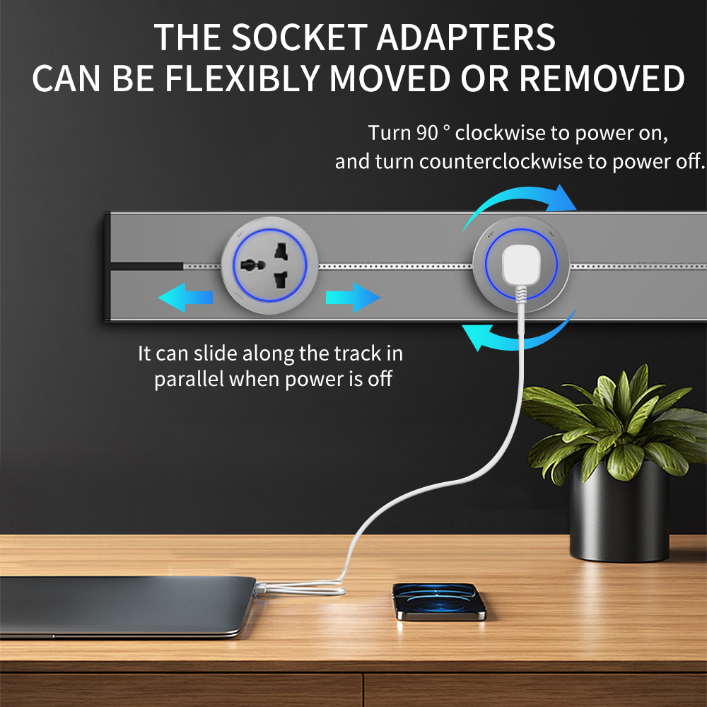 Zemismart Replaceable Wall Power Track with Moveable Sockets Home Appliances Universal Outlets Electric Plug Adapter with Type C