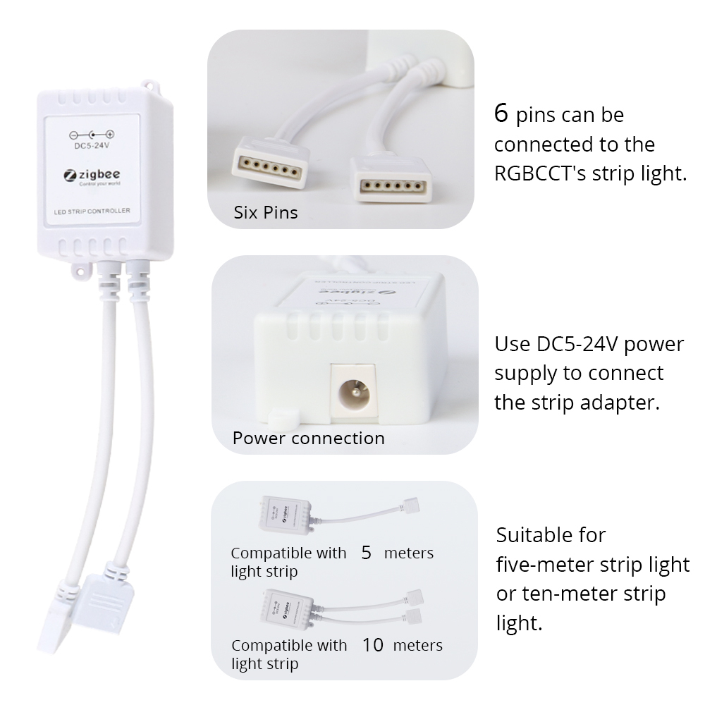 Zemismart Tuya Zigbee LED Strip Light Driver 6 Pin for RGBCW Light Strip Work with HomeKit via ZMHK-01 Hub Alexa Google Home