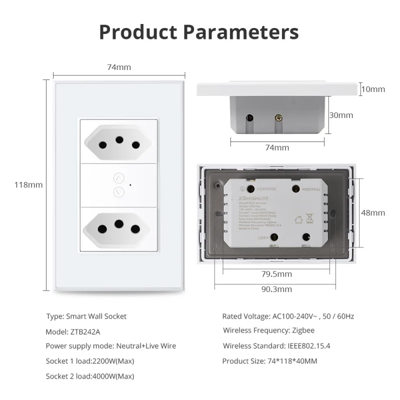 Zemismart New Design Zigbee Smart Brazil Socket 10A 20A Electric Brazilian Wall Dual Outlets works with Tuya Alexa Google HomeTimer Control