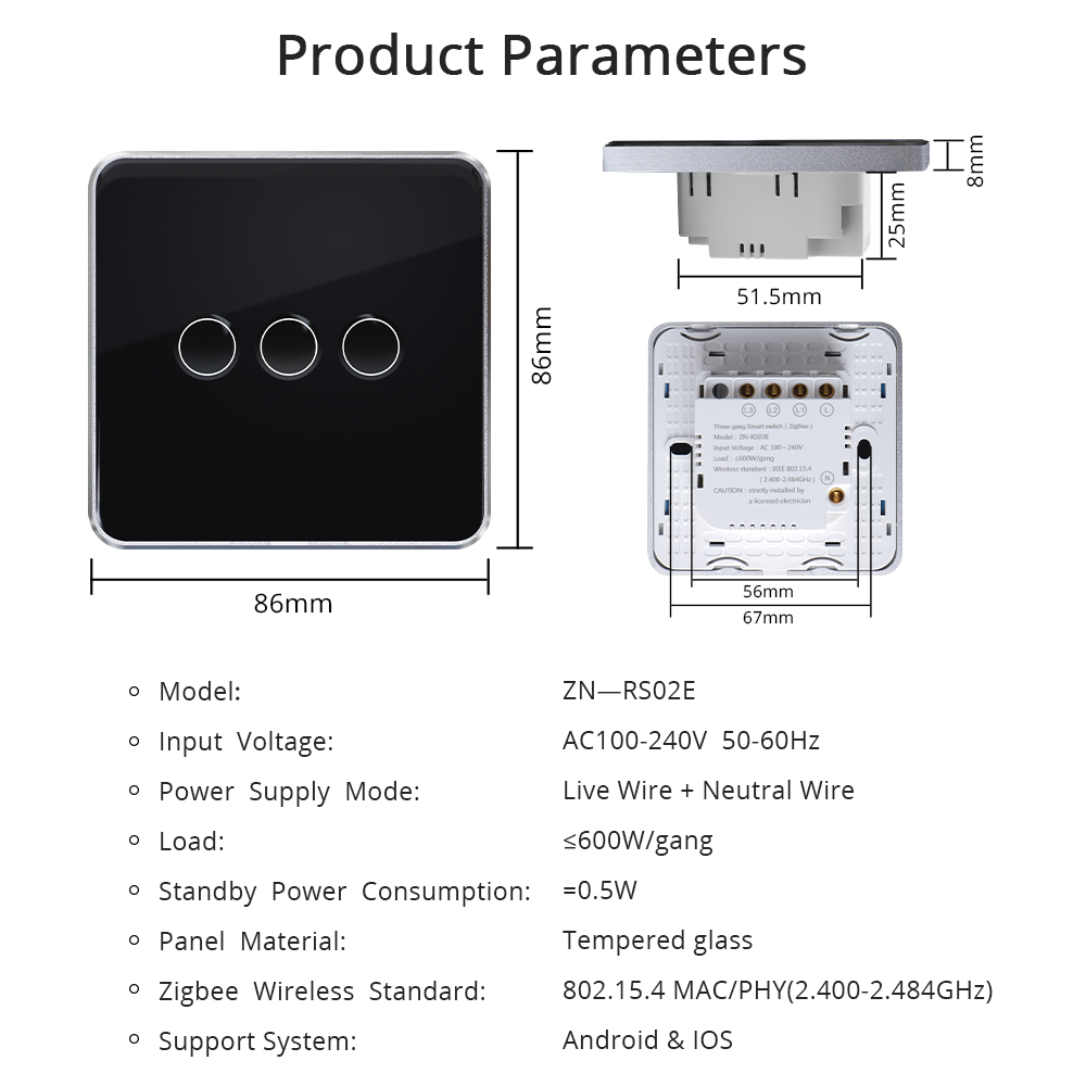 Zemismart Zigbee Smart Switch Neutral Required Tempered Glass Wall Panel Light Touch Switch works with Tuya Alexa Google Home Voice Control