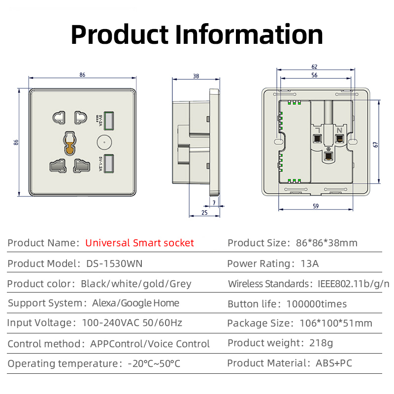 Zemismart Tuya Smart WiFi Universal Socket with USB Charger EU US Outlets 13A Plug 5V USB Port Alexa Google Home Voice Control