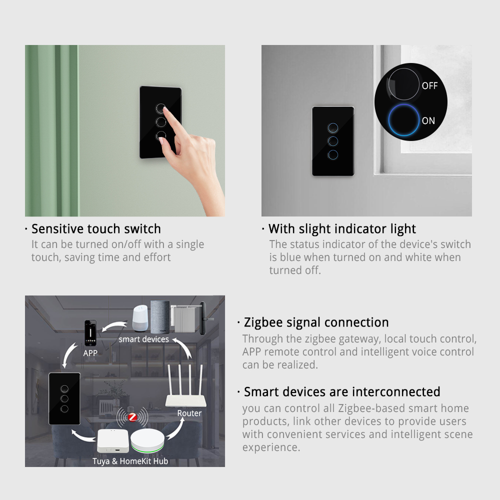 Zemismart Zigbee Smart Tempered Glass Wall Panel Light Touch Switch works with Tuya Alexa Google Home Siri Control Zemismart HomeKit Switch