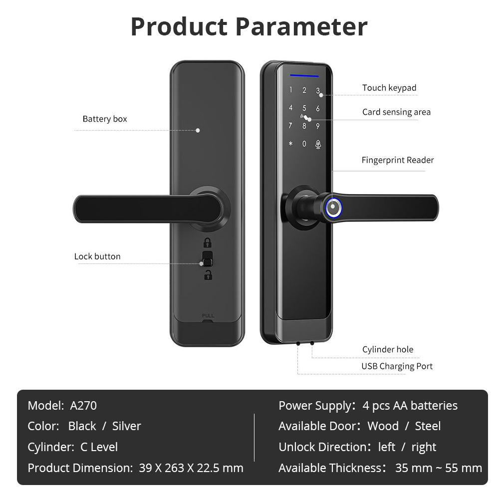 Zemismart Wifi Smart Digital Door Lock A270 Fingerprint IC Card Key Password Unlock with Doorbell Required Remote APP Unlock works with Tuya