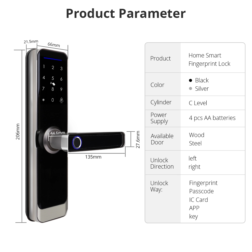 Anweller Fingerprint Door Lock, Electronic Door Lock, Front Door Code, Smart Lock Cylinder 60 Mm With 2 Keys, 2 IC Cards, For Doors From 65-90 Mm
