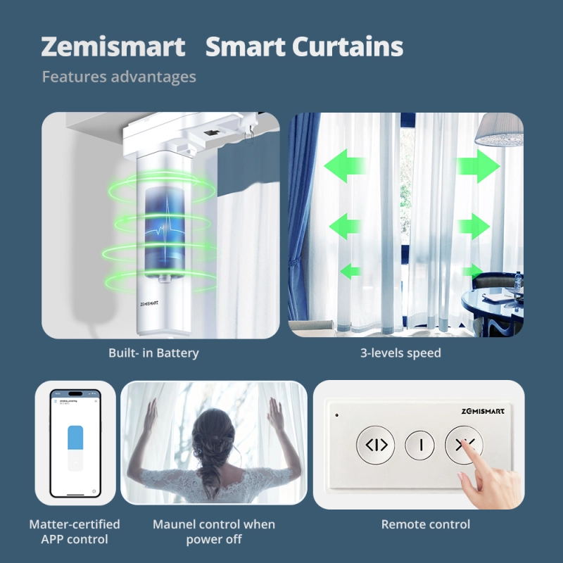 Zemismart Matter Over Thread Slide Curtain Smart HomeKit SmartThings Google Home APP Control by Siri Voice Control