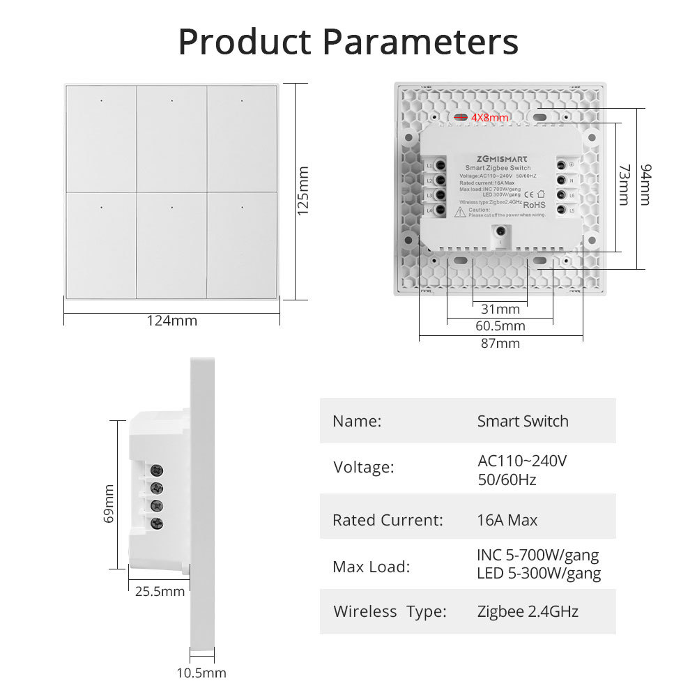 Zemismart Zigbee Push Wall Light Switches 6 Gangs with Neutral Interruptor works with Tuya Alexa Google Home Smart Life App Control