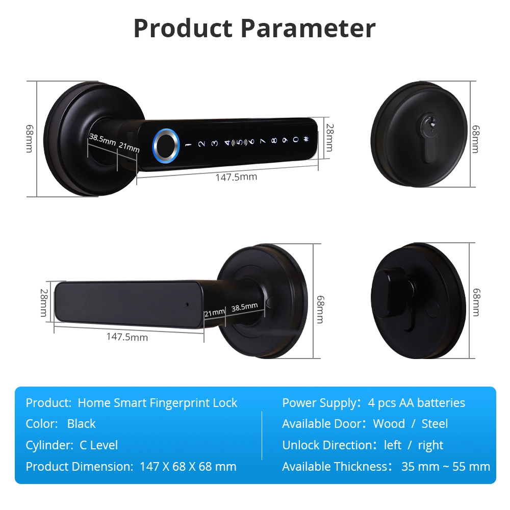 Zemismart Tuya BLE Smart Electronic Door Lock Biometric Fingerprint ...