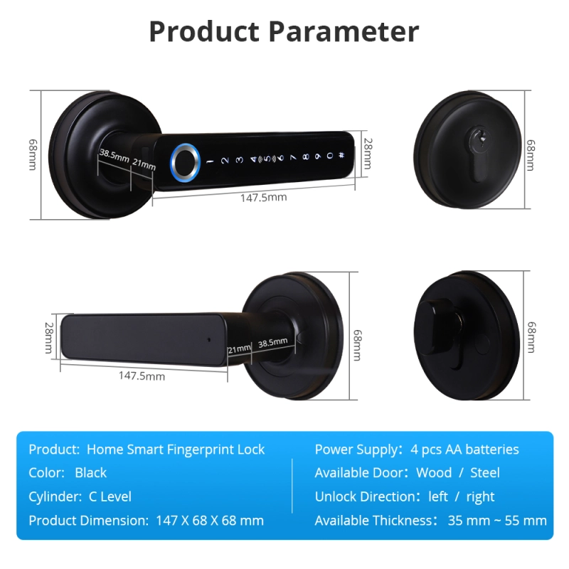 Zemismart BLE Smart Electronic Door Lock Biometric Fingerprint Lock Encryption Digital Lock App Remote Password Key Unclock works with Tuya