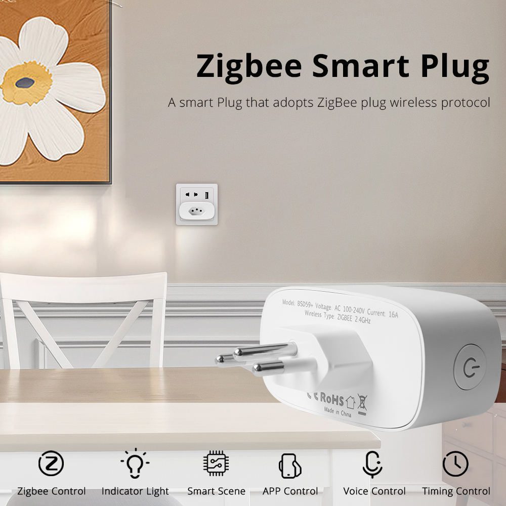Zemismart Brazil Smart Zigbee Socket BR Plug Wireless Outlet Timing Plug 16A Energy Monitor works with Tuya Alexa Google Home Smart Home Control