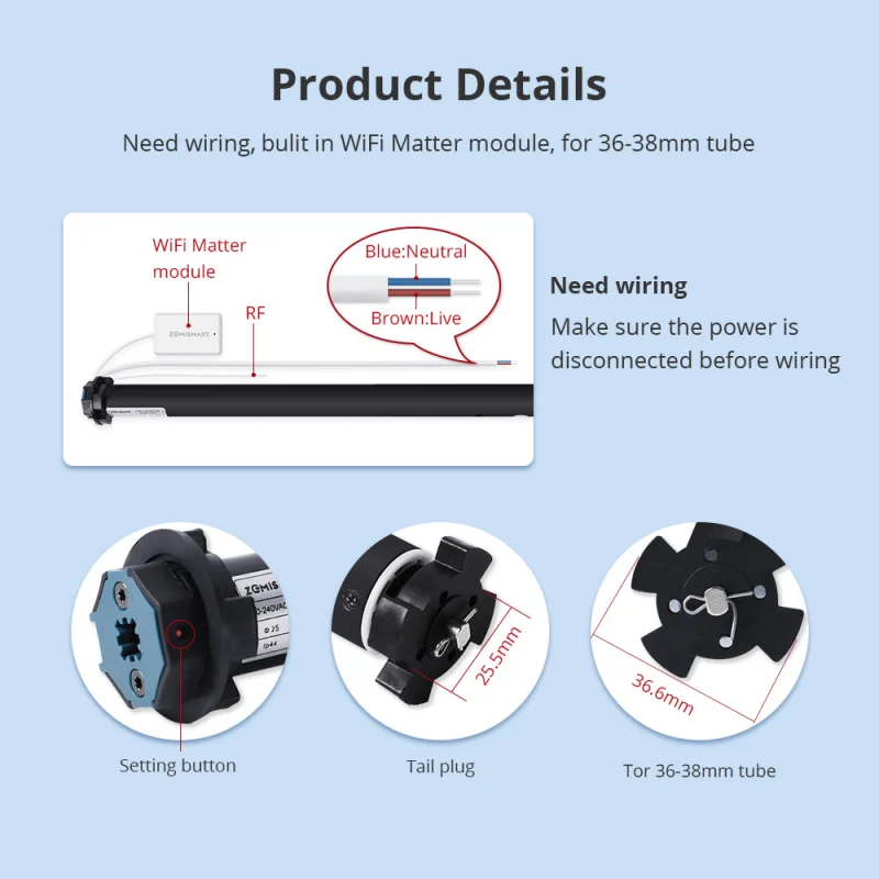 Zemismart WiFi Matter-certified  Roller Shade Motor for 37mm Home App Google Home App SmartThings App Control