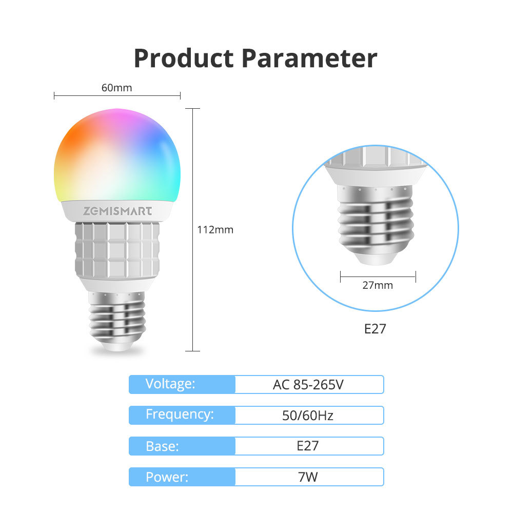 Zemismart WiFi Matter Certified Bulb RGB E27 Dimmer Enable HomeKit Google Home SmartThings Alexa Control