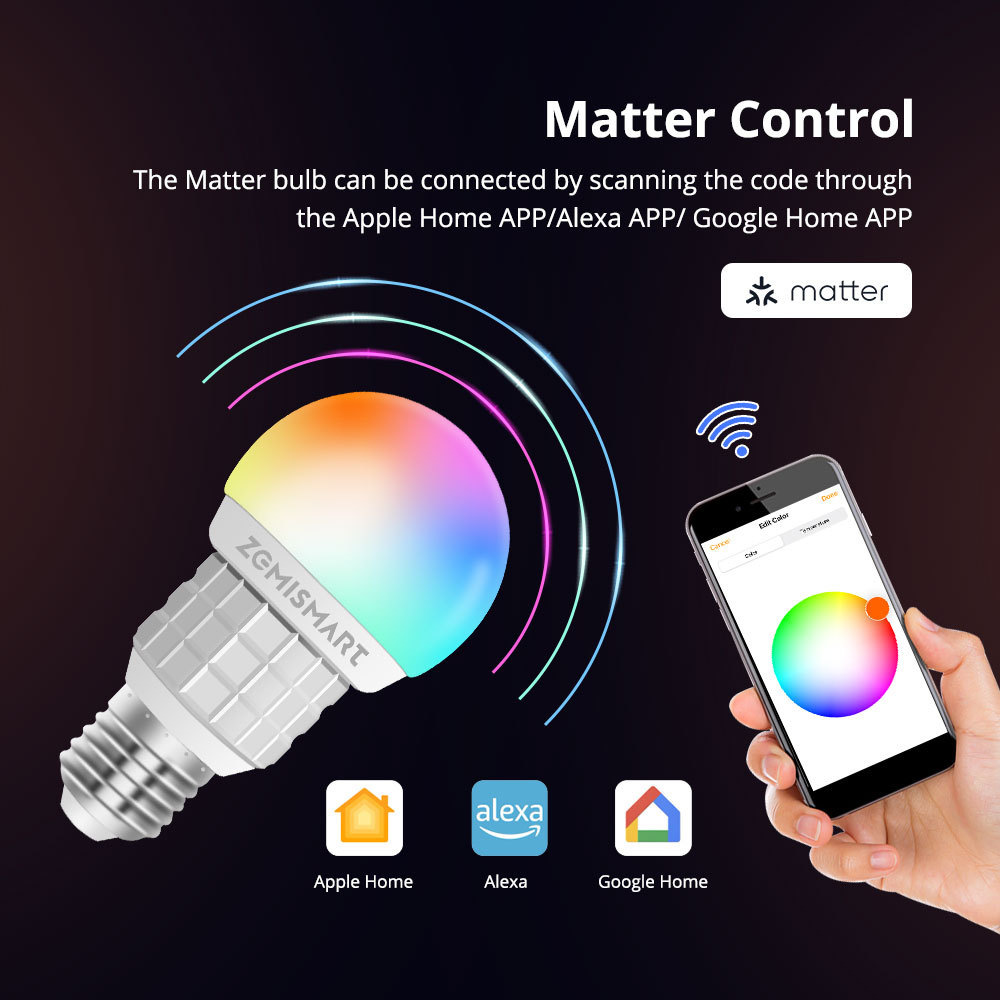 Zemismart WiFi Matter Certified Bulb RGB E27 Dimmer Enable HomeKit Google Home SmartThings Alexa Control