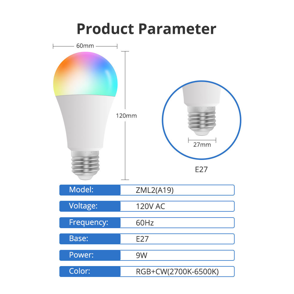 Zemismart Matter Over WiFi Smart Light Bulb 9W E27 RGBCW 120V 220V Dimmable Siri Alexa Google Home  Smartthing Control with FCC