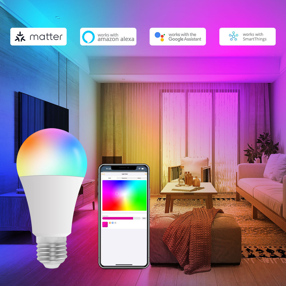 Zemismart Matter Over WiFi Smart Light Bulb 9W E27 RGBCW 120V 220V Dimmable Siri Alexa Google Home  Smartthing Control with FCC
