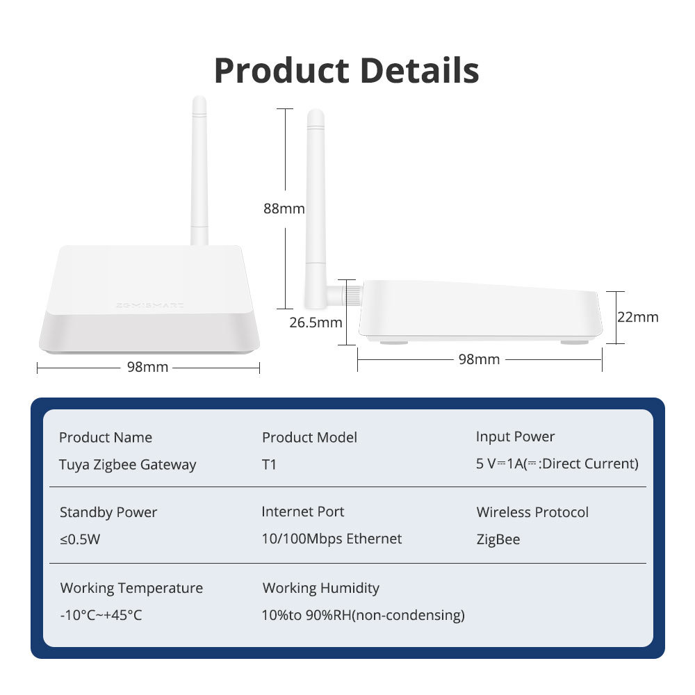 Zemismart Zigbee Hub with Antenna Smart Home Bridge Wired hub Network Cable works with Tuya Smart Life App Control Zigbee Devices