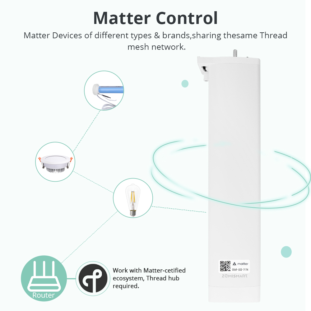 Zemismart Matter over Thread Curtain Motor Remote Control Google Home Smartthings Home App Automatic Curtain System