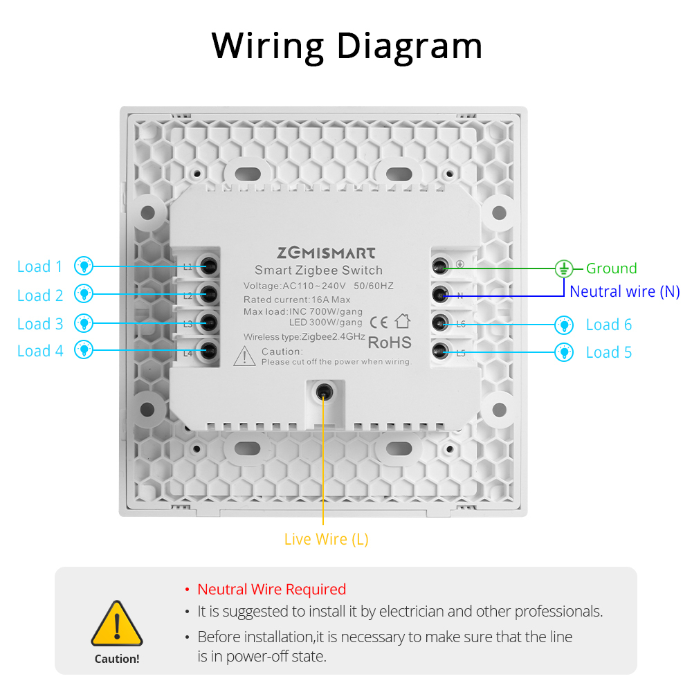 Zemismart 6 Gangs Zigbee Smart Wall Light Switch 4x4 Neutral Required Glass Panel Sensitive Touch works with Tuya HomeKit Switch Alexa Google