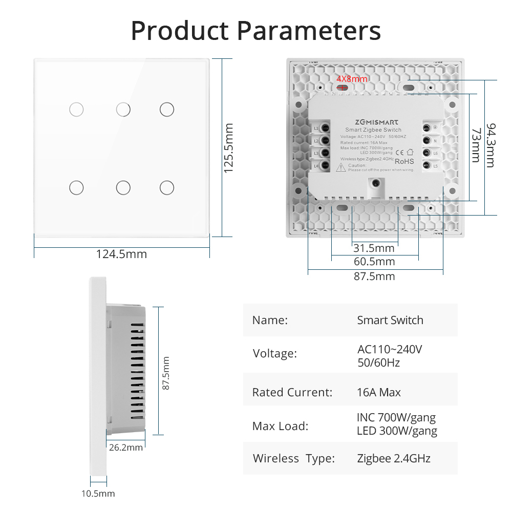 Zemismart 6 Gangs Zigbee Smart Wall Light Switch 4x4 Neutral Required Glass Panel Sensitive Touch works with Tuya HomeKit Switch Alexa Google