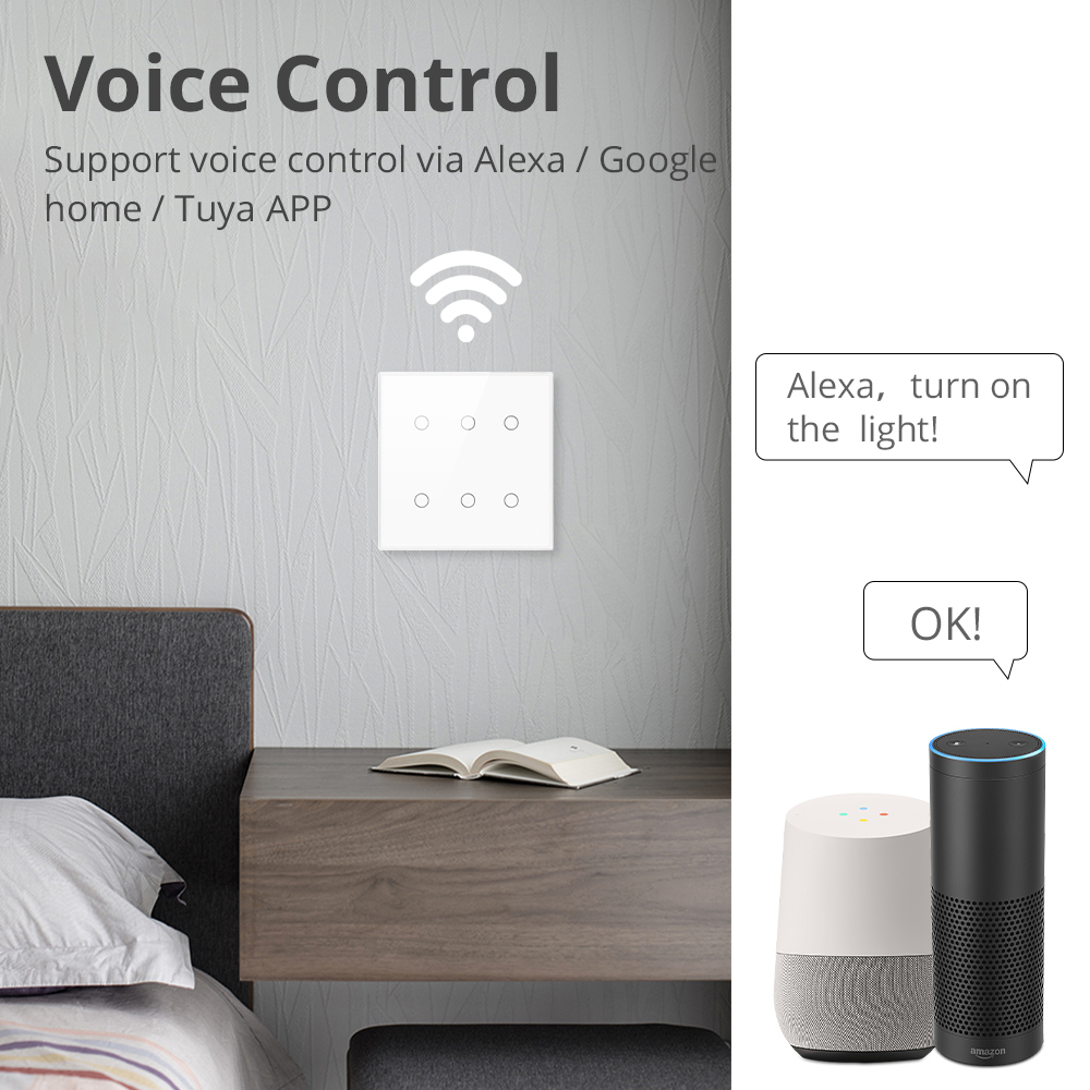 Zemismart 6 Gangs Zigbee Smart Wall Light Switch 4x4 Neutral Required Glass Panel Sensitive Touch works with Tuya HomeKit Switch Alexa Google