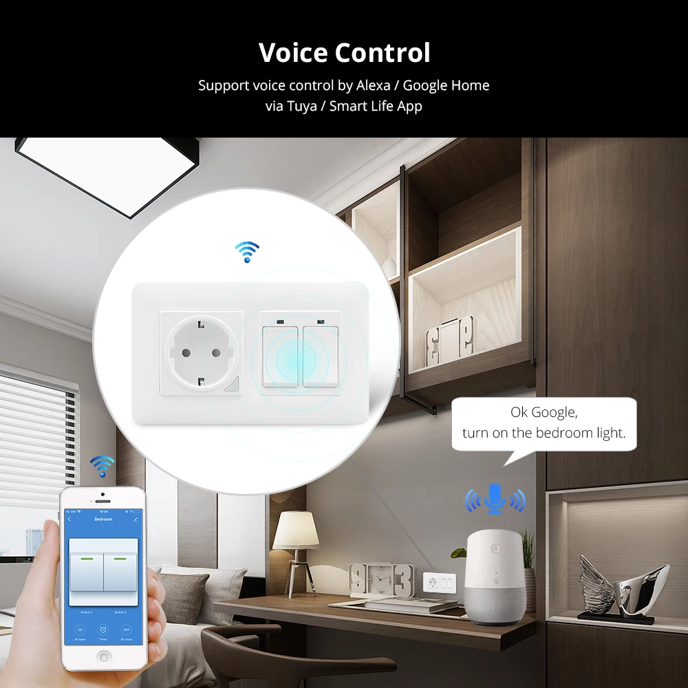 Zemismart WiFi EU Wall Socket with Light Switch 1 2 3 Gang Support TUYA APP Control Voive control by Alexa Google home