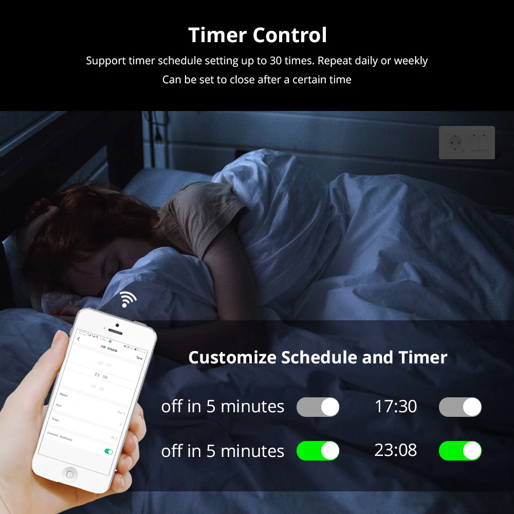 Zemismart WiFi EU Wall Socket with Light Switch 1 2 3 Gang Support TUYA APP Control Voive control by Alexa Google home