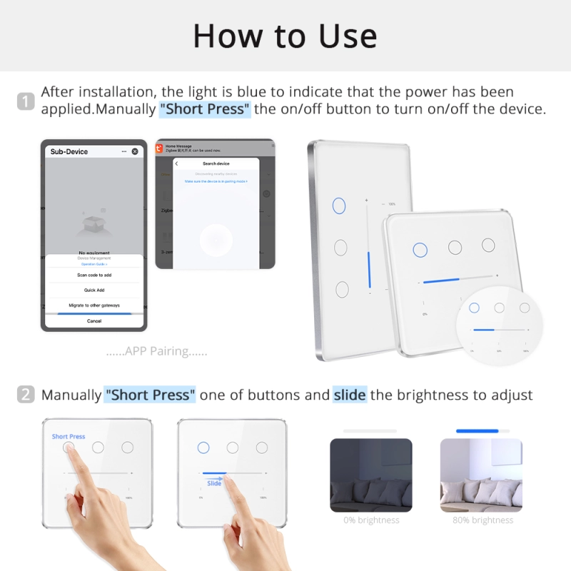Zemismart Zigbee Smart Dimmer Switch 3 Gang Neutral Required Brightness Adjustment  works with Tuya App Google Home Voice Control Timer Function
