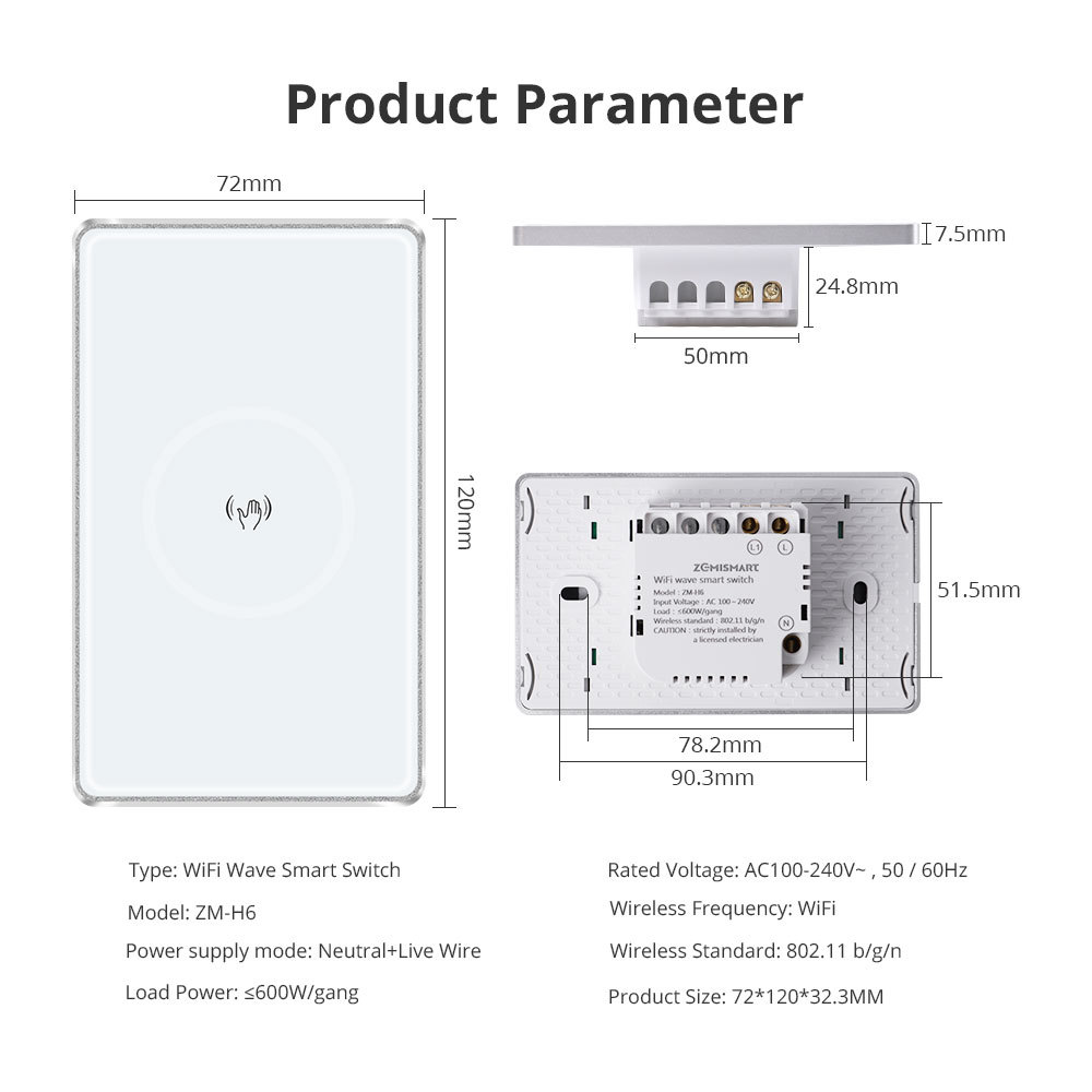 Zemismart WiFi Smart Wave Switch with PIR Sensor US Interruptor Support Tuya Alexa Google Home Voice Control