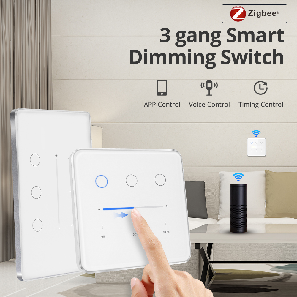 Zemismart Zigbee Smart Dimmer Switch 3 Gang Neutral Required Brightness Adjustment  works with Tuya App Google Home Voice Control Timer Function